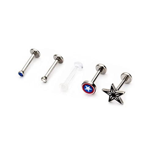 Marvel Comics Unisex Captain America Logo And Gem Top Labrets-16 Gauge (5 Piece In A Pack)