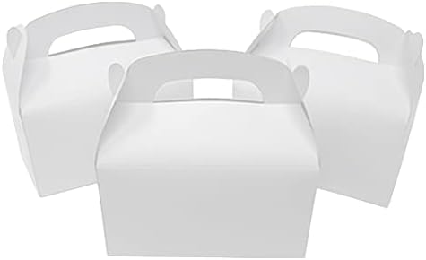 Podzly 48 Pack Treat Boxes with Handles - DIY Gable Boxes for Kids Birthday, Wedding, Baby Shower - Customizable Arts & Crafts Party Favor Boxes for Goodies, Snacks, Cupcakes - Kraft Paper, White…