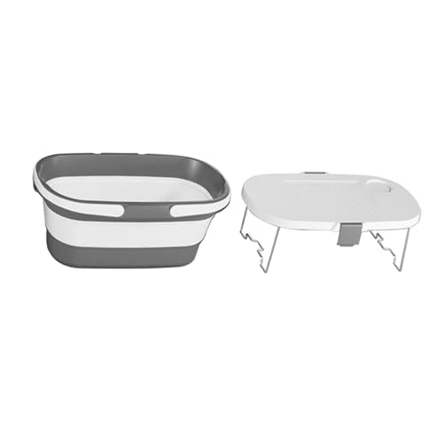 Qianly Cesta de Picnic Plegable Organizador de bañera de Campamento de Campamento Plegable Gran Capacidad con manijas y Mesa de pie de Tapa para Lavado de, Gris Blanco