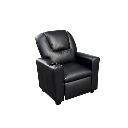 Image of Furnifact Marisa Black PU Leather Youth Recliner with Cupholder for Kids 142 inch Seat Height 14 inch Width 106 inch Depth