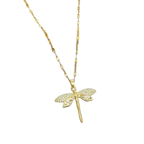 Collar grueso, collar con colgante de libélula de circonita cúbica brillante, joyería moderna y elegante