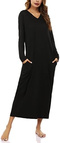 Marvmys Women Long Pajama Shirts Long Sleeves Cotton Nightgowns V Neck Winter Plus Size Sleep Shirts with Pocket
