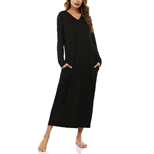 Marvmys Women Cotton Long Nightgowns Long Sleeves Nightshirts V Neck Full Length Sleep Shirts with Pocket Black Small