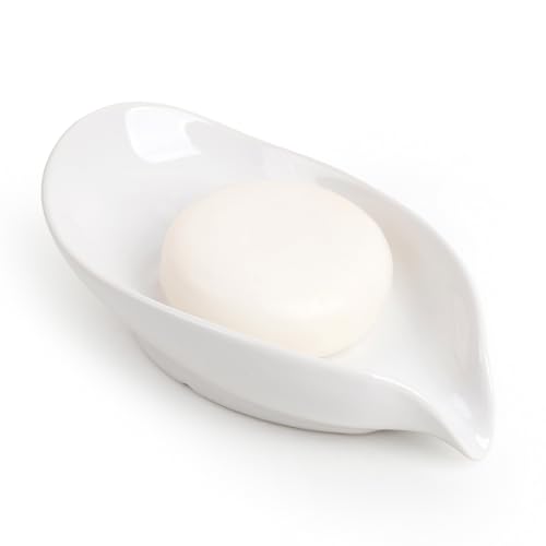 Soap Holder, Self-Draining Soap Dish, White Leaf Shape Ceramic Bar Soap Holder Drain Soap Dishes for Bathroom Sink Kitchen, Easy to Clean Keeps Soap Dry, ANTIS'S HOME White-enhanced Drainage
