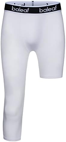 BALEAF Boys Compression Pants One Leg Basketball Leggings 3/4 Youth Sports Base Layer Workout Capri Tights White M