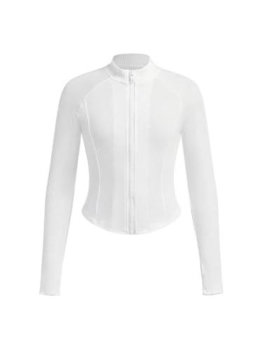 OYOANGLE Girl's Full Zip Mock Neck Ribbed Knit Workout Jacket Athletic Sports Fitted Outwear