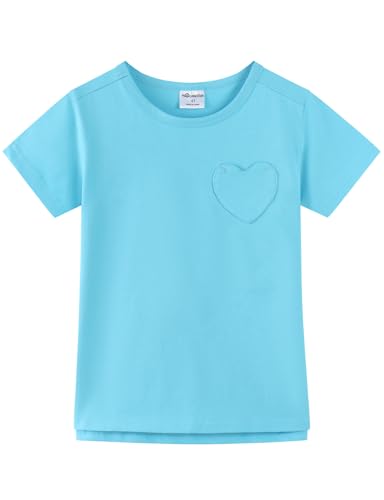 Image of Noomelfish Girls Short Sleeve Heart Pocket T-Shirts Casual Cotton Tee Tops Blouse (5-12 Years)