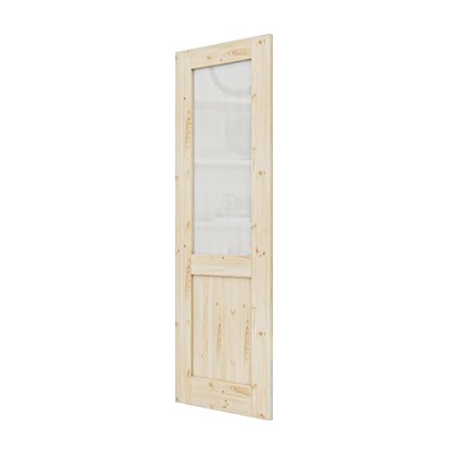 28" x 80" Pine Wood Slab Door, Half Frosted Glass Interior Doors, Single Room Door for Closet & Bedroom, Farmhouse Style as Prehung, Pocket, Bifold, Barn Doors, Easy DIY Stain, Shaker w/o Hardware