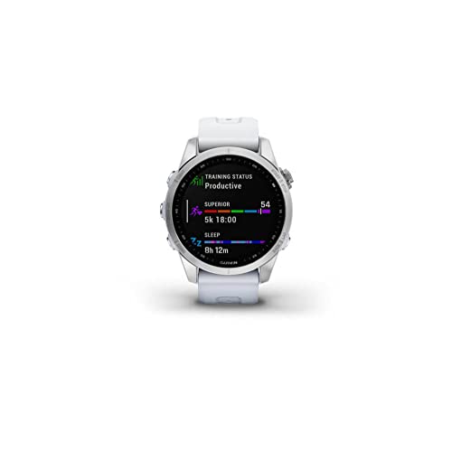 Image of Garmin Fenix 7S, Smaller Sized Adventure smartwatch, Rugged Outdoor Watch with GPS, Touchscreen, Health and Wellness Features, Silver with Whitestone Band