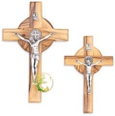 St Benedict Olive Wood Wall Hanging Cross - Holy Wall Décor Wooden Catholic Crucifix for Religious Occasions Baptism Confirmation &Christmas (6.25" x 4" inches)