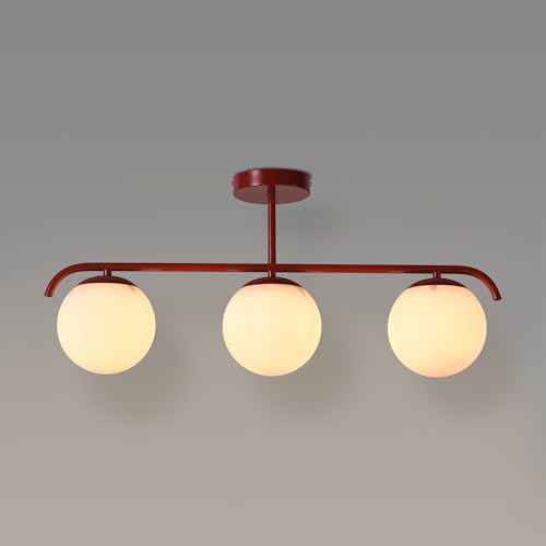 B·LED BARCELONA LED Plafonnier “Talí” à 3 Boules en Verre Opalin – Style Nordique Minimaliste – 3xE27 – Structure Métal rouge– Lumière Douce...