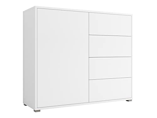 Mirjan24 Kommode mit 4 Schubladen Gesita K1D4SZ 100, Diele, Flur, Highboard, Mehrzweckschrank, Sideboard mit 1 Tür und 4 Schubladen, Wohnzimmer, Push to Open (Weiß/Weiß)