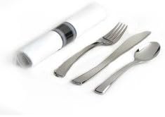 Look Like Silver Plastic Cutlery Pre-Rolled in Linen Like Napkins 100 Pcs