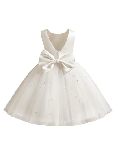 Flower Girl Dress Tulle Satin Wedding Party Dress with Pearls Gilrs Birthday Party Dress with Bow-Knot