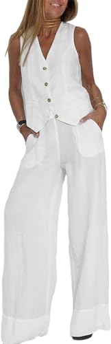 Elegante e comodo set da 2 pezzi: aumenta il tuo stile con i nostri outfit da donna in 2 pezzi - un gilet senza maniche abbinato a pantaloni a gamba larga. Questo set di blazer in lino business-casual è perfetto per un look estivo con una canottiera abbinata, che unisce comodità e raffinatezza senza sforzo.