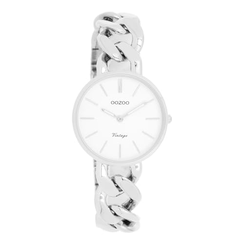 Oozoo Vintage Damen Uhr Silber/Weiß | Armbanduhr Damen mit Metall Chunky Armband | Moderne Uhr für Frauen | Edle Analog Damenuhr in rund C20355 (32mm Gehäuse)