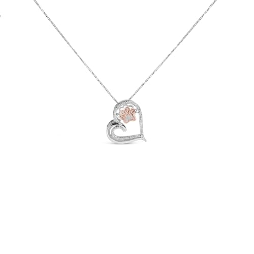 14K Rose Gold Plated Sterling Silver 1/10 Cttw Diamond Paw & Heart Pendant Necklace