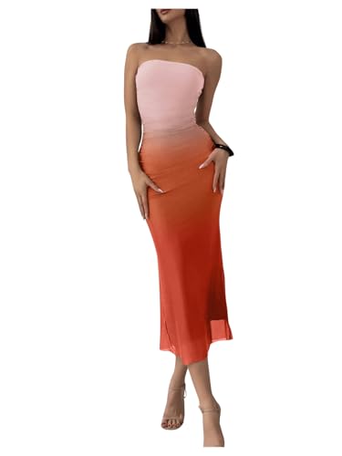 Image of GORGLITTER Women's Sunset Ombre Strapless Cocktail Bridal Shower Midi Dress | Orange Wedding Guest Dress, Mesh Tube Dress, Bridesmaid Dresses, Vacation Beach Sundresses,