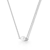 HANLI Silver Pearl Necklaces for Women - 925 Sterling Silver Dainty Pearl Necklace Simple Everyday Minimalist Wedding Bridesmaid Jewelry