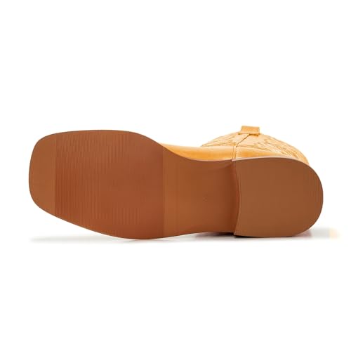 Image of Cowgirl Boots Square Toe Cowboy Boots For Women Ladies Mid Calf Low Heel Flat