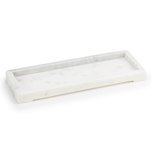 EHC Natural Marble Bathroom Vanity Tray - Rectangular, White, 28x10x2.5 cm - Decorative Countertop Sink Storage Organiser for Cosmetic, Perfume, Home Decor