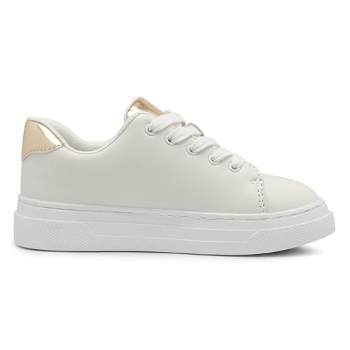 HOMEHOT Girls Sneakers Lace Up White Golden Shoes Thick-Soled Little Kid Big Kid4