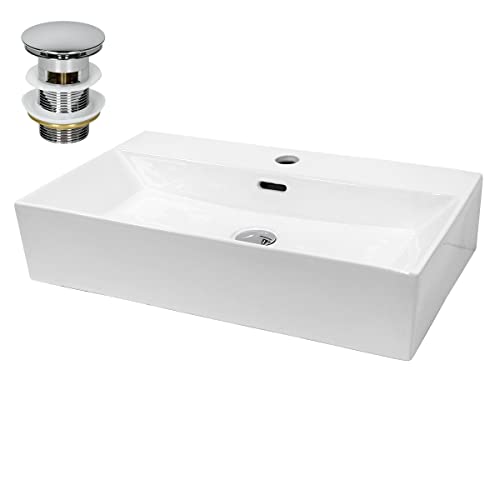 ECD Germany Lavabo de Salle de Bain 515x360x130 mm en Céramique Blanc Angulaire avec Garniture de Vidage Chrome, pour Vasque avec Trop-Plein, Évier Lave-Mains à Poser...