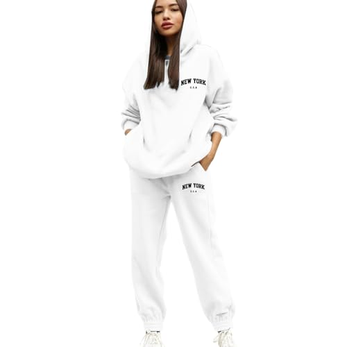 Tracksuit Womens Full Set Uk With Pocket 2 Piece Hooded Sweatshirt And Sweatpants Plus Size Letter Print Lounge Wear Sweatsuits Baggy Hoodie And Cuffed Foot Jogger Set Ladies Gym Activewear White