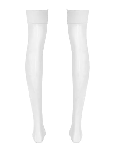 Men's Glossy See-through Stockings Thin Shiny Solid Color Stretchy Sheer Thigh High Socks White One Size4