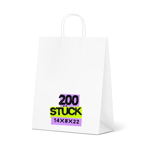 Inoverse 200 Stück Papiertüten mit Henkel 14+8x22 cm stabile Kraftpapiertüten Weiß mit Papierkordel Geschenktüten & Papiertragetaschen für Einkauf Party Mitgebsel & DIY Adventskalender
