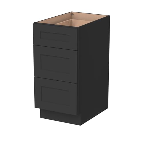 HCIOAN Shaker Style 3-Drawer Base Cabinet – Solid Wood Frame & Plywood Panels, Soft-Close Full-Extension Glides, RTA Kitchen Storage Cabinet for Renovation (Charcoal Black, 12" W x 24" D x 34.5" H)