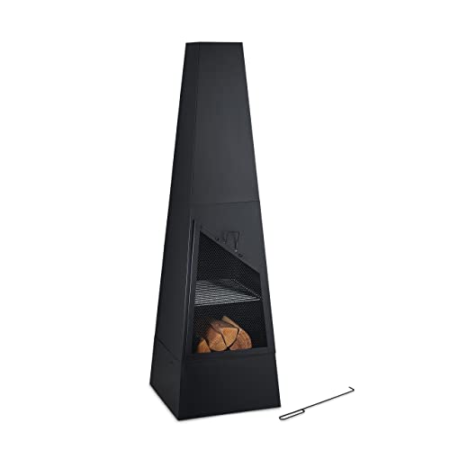 Relaxdays Chimenea Exterior con Barbacoa, Caja Cenizas, Salvachispas, Atizador, Parrilla Jardín, 149x44,5x44,5 cm, Negro, Acero
