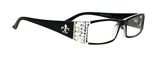 The French, (Bling) Fleur De Lis Women Reading Glasses Adorned with (Clear + Aurora Borealis) Austrian Crystals, Magnifying (Black) Rectangular. NY Fifth Avenue. (+2.75)