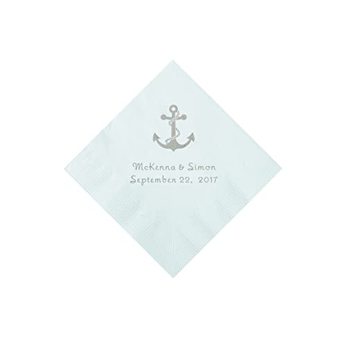 White Anchor Personalized Napkins With Silver Foil - Beverage - Party Supplies - 50 Pieces