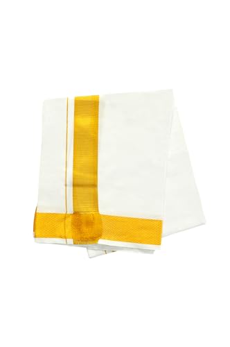 Gowri Tex Men's 100% Pure Cotton White With Gold Jari Lungi in Size 2 Mtrs Single Lungi- Pack Of 1