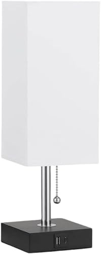 Arfobug スクエアファブリック和風スタンドテーブルランプ、間接照明、プルチェーンスイッチ操作、LED電球付き、USB機能書斎ベッドサイドランプ、リラックスした雰囲気を作り出す省エネ授乳室リビングルームベッドルーム (サンゲージ + 3色コーン電球,1