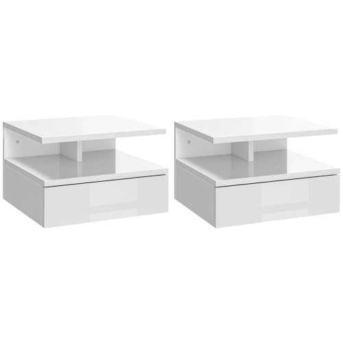 HOMCOM Lot de 2 Tables de Chevet murales, Tables de Nuit suspendues avec tiroir Coulissant,...