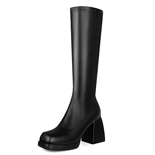 STALOV Black Knee High Boots for women Square Toe Platform Gogo Boots of the 70s Square Toe Chunky Block Heel Pull-on Stretch Tall Boots