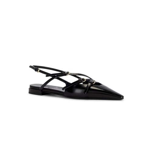 Women’s Slingback Ballerina Flats Pointed Closed Toe Black Patent Leather Low Heel Flats with Buckle Dressy Ballet Flat