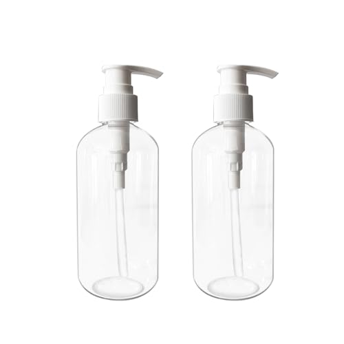 Empty Plastic Bottles with Pump Dispenser, 8 oz, Clear/White, 2 Pack, Refillable Containers for Body Wash, Moisturizer, Face Cream, Liquid Soap