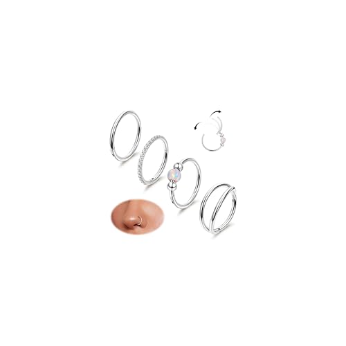 Vegolita 4PCS 20G Titanium Nose Rings Hoops for Women Men Double Hoop Nose Ring CZ Opal Clicker Septum Hoop Daith Cartilage Conch Ring Tragus Helix Rook Piercing Jewelry Silver 8MM