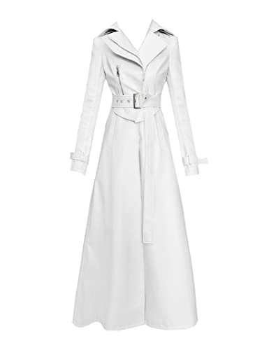 Pohullan Spring Runway White Long Leather Trench Coat for Women Long Sleeve Womens Coats