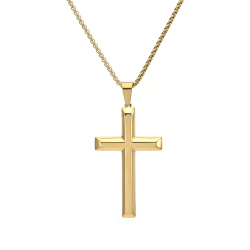 Stainless Steel Cross Necklace, 24 Inch Link Chain, Polished Beveled Edge Pendant