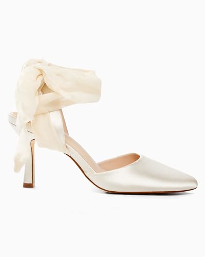 Image of Womens Lace up Satin Heels Bow Pointed Closed Toe Bridal Dress Shoes Low Heel Wedding Elegant Pumps