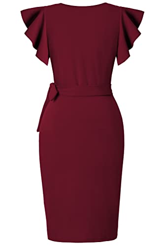 Image of oten Womens Deep V Neck Ruffle Sleeve Sheath Casual Cocktail Party Work Faux Wrap Dress