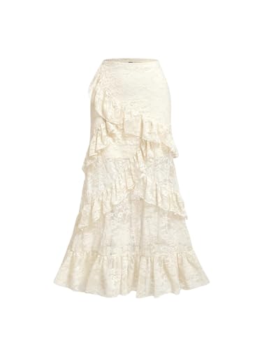 Verdusa Women's Lace Long Skirts High Waist Layered Ruffle Hem A Line Skirt