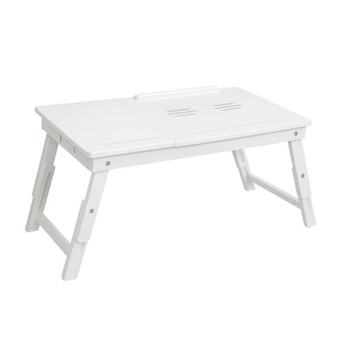 Image of Wooden Laptop Table Standard Adjustable Study Table with Laptop, Portable Lap Desk, Multifunctional Bed Table with Drawer and Folding Legs (White)