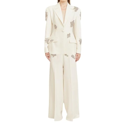 Women's Beaded Diamond Suits Set 2 Piece One Button Blazer Jacket High Waisted Pants Wedding Formal Suits