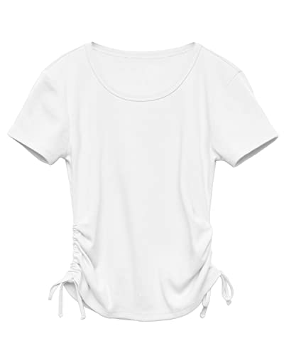 Image of Imily Bela Girls Tees Shirts Cute Crew Neck Short Sleeve Side Drawstring Solid Tops Kids Children Summer Clothes