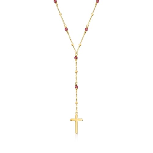 Ross-Simons 2.30 ct. t.w. Garnet Rosary Beads With Cross Necklace in 18kt Gold Over Sterling. 16 inches